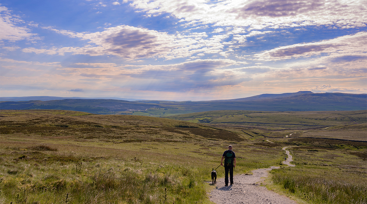 Mand en hond op wandelpad tegen een achtergrond van heuvels en spectaculaire wolken